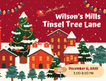 Illustrated Christmas scene with houses and Christmas trees