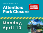 Blue and green closure notice with playground in lower right corener