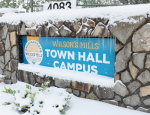 Town Hall Campus sign covered in snow and icicles