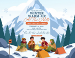 Illustration of young people roasting marshmallows around a camp fire in front of winter mountain scene