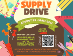 School supply drive flyer with images of school supplies and school bus
