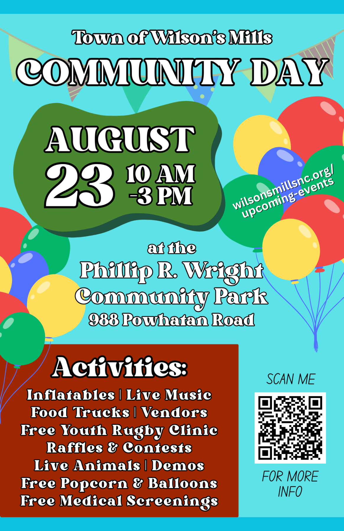 Community Day flyer with balloons and party streamers