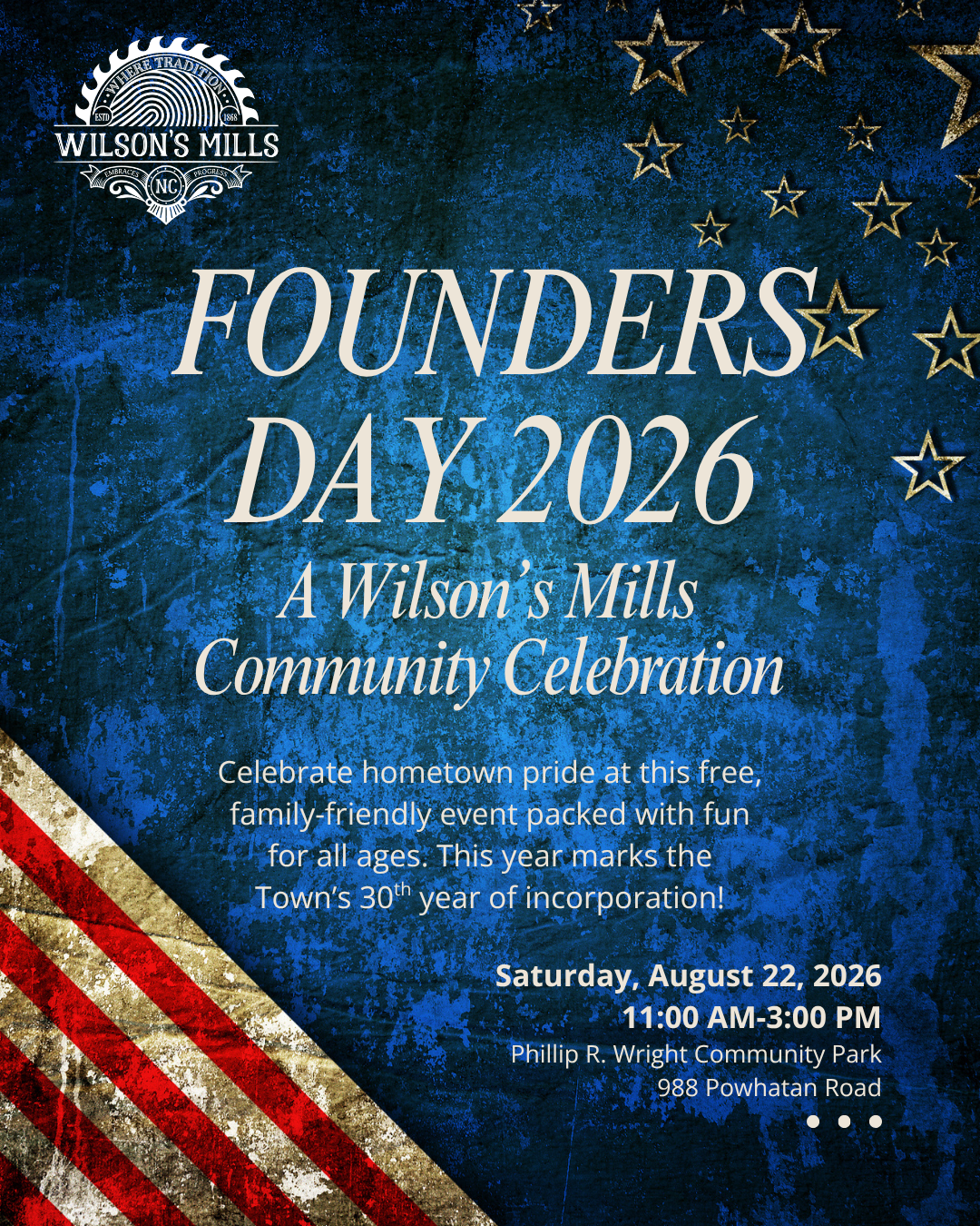 Close-up of American flag with information about Founders Day