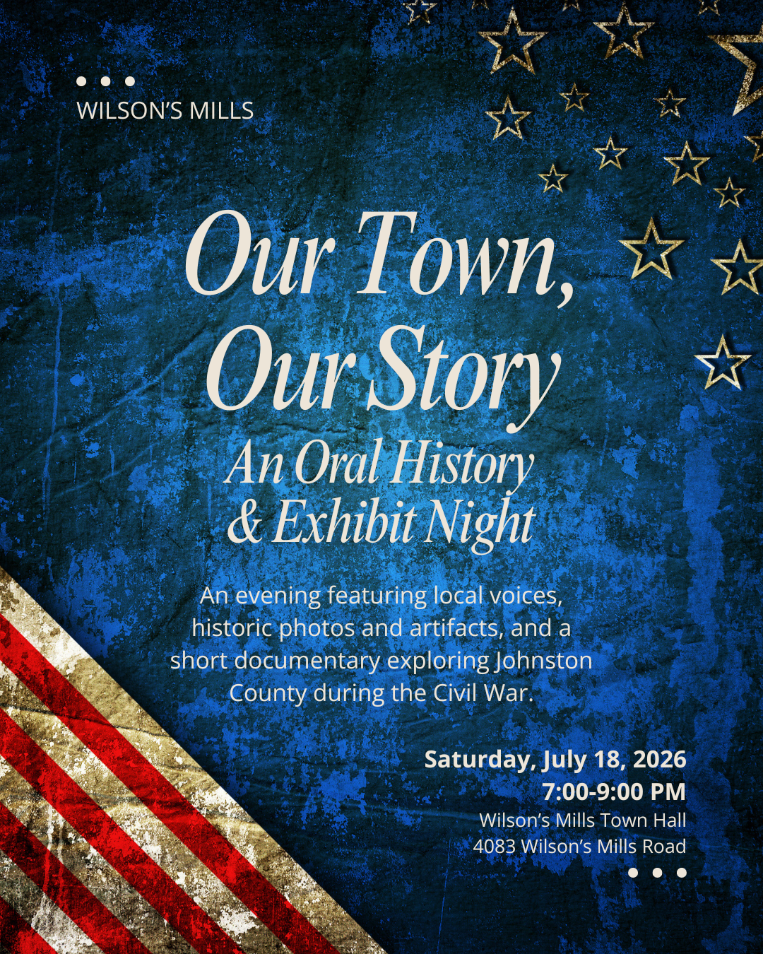 Close-up of American flag with information about oral history event
