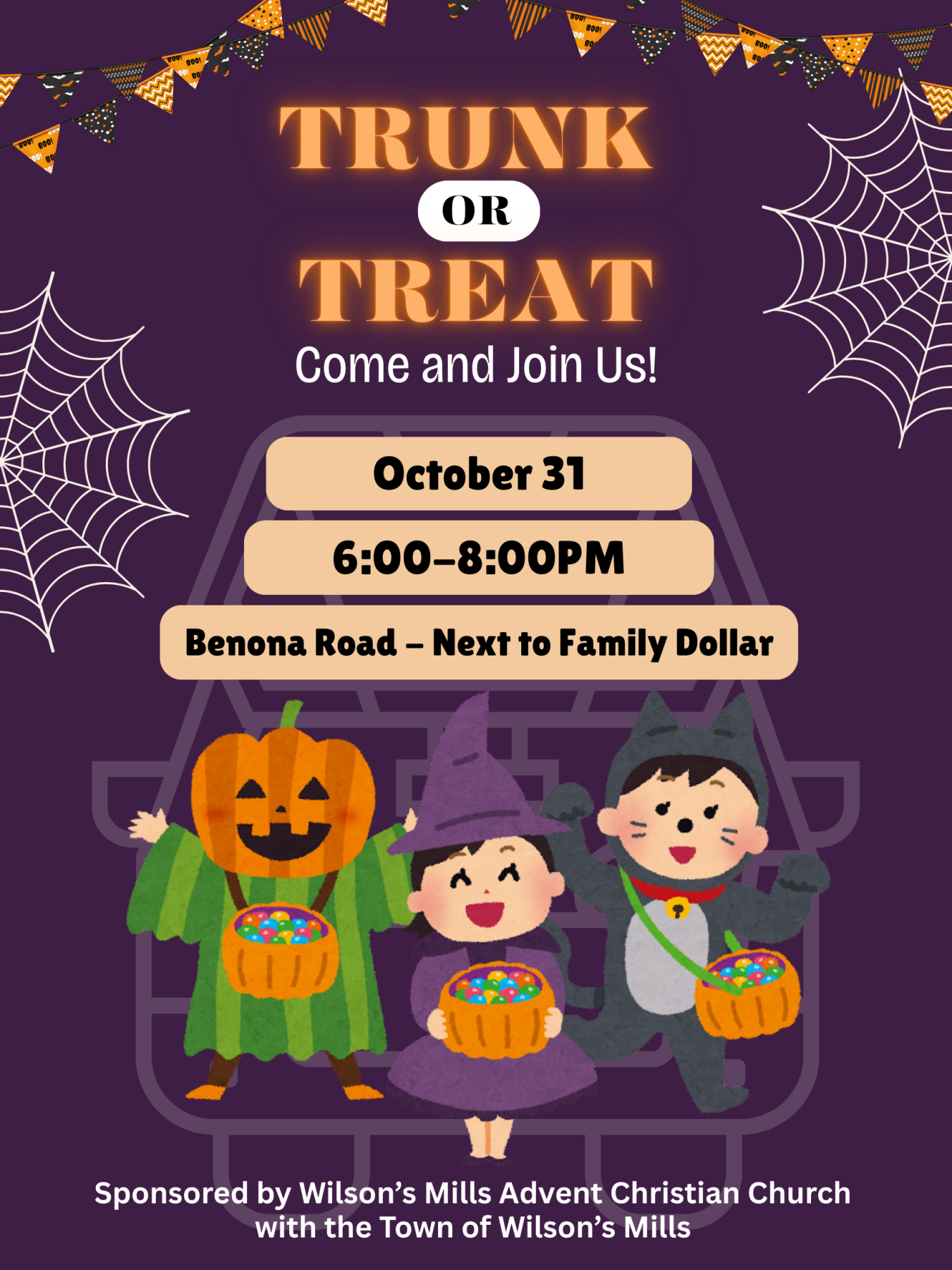Flyer showing cartoon version of three kids trick or treating