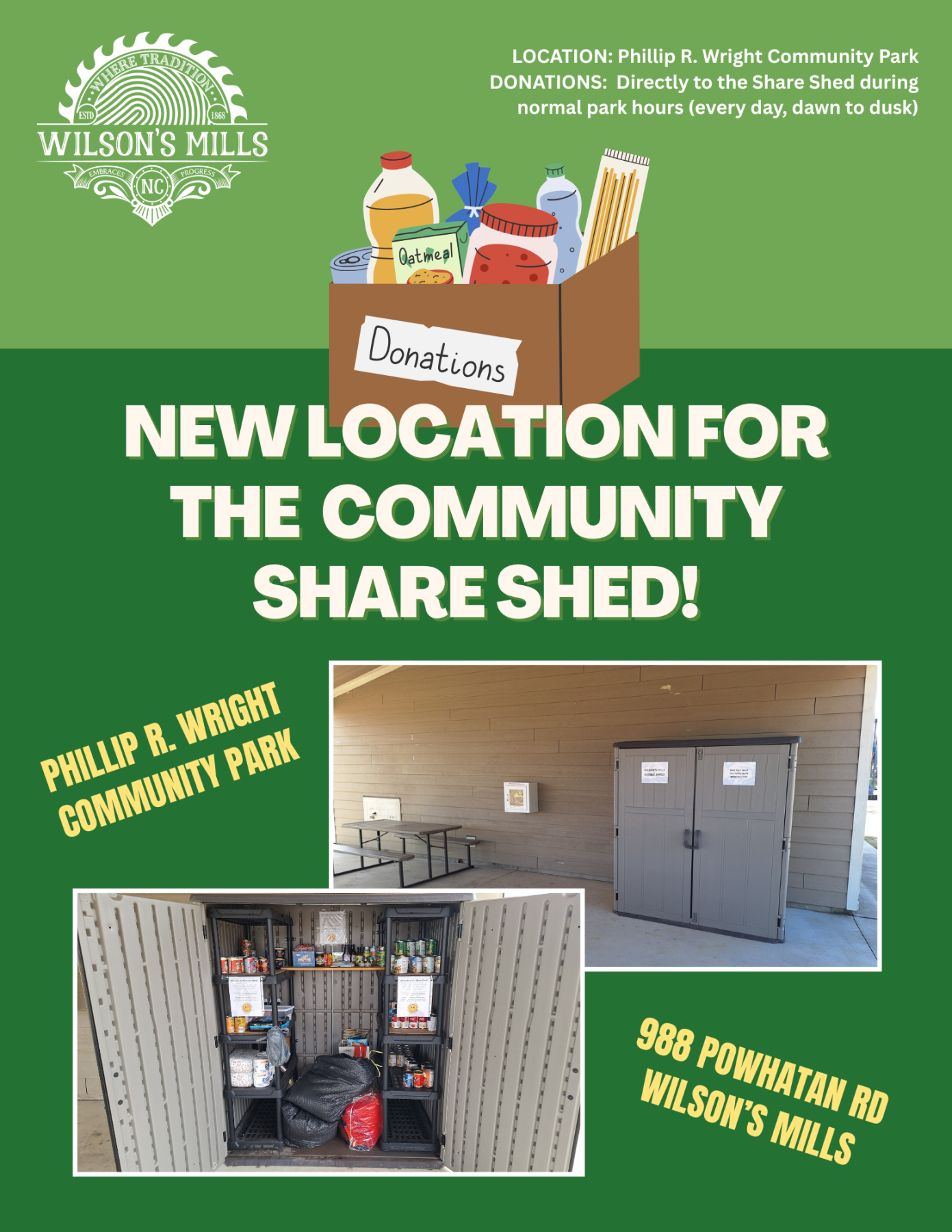 Interior and exterior photos of share shed with illustrated box of donated items