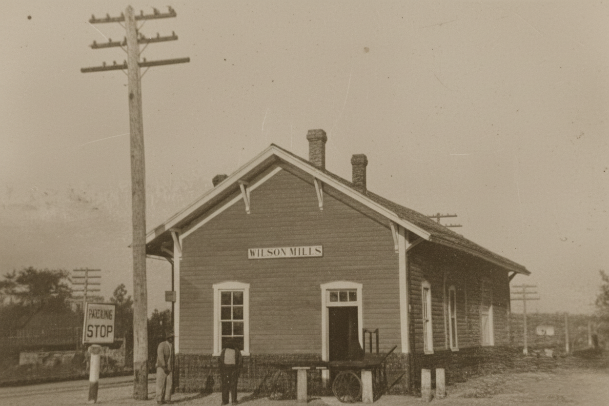 Old Wilson's Mills train depot with two men standing in front
