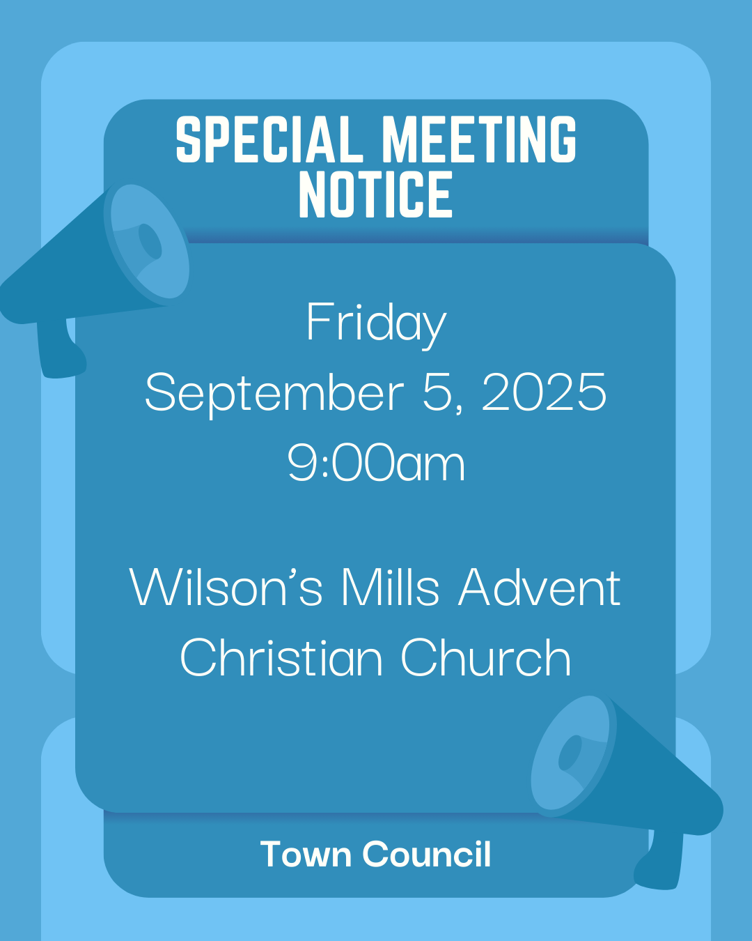 Blue announcement flyer with bullhorns