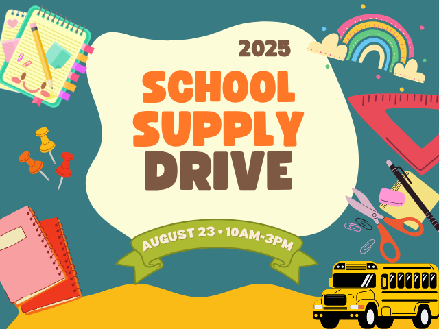 School supply drive flyer with images of school supplies and school bus
