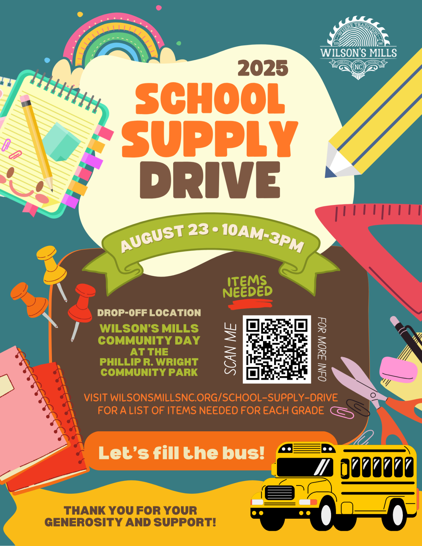 School supply drive flyer with images of school supplies and school bus